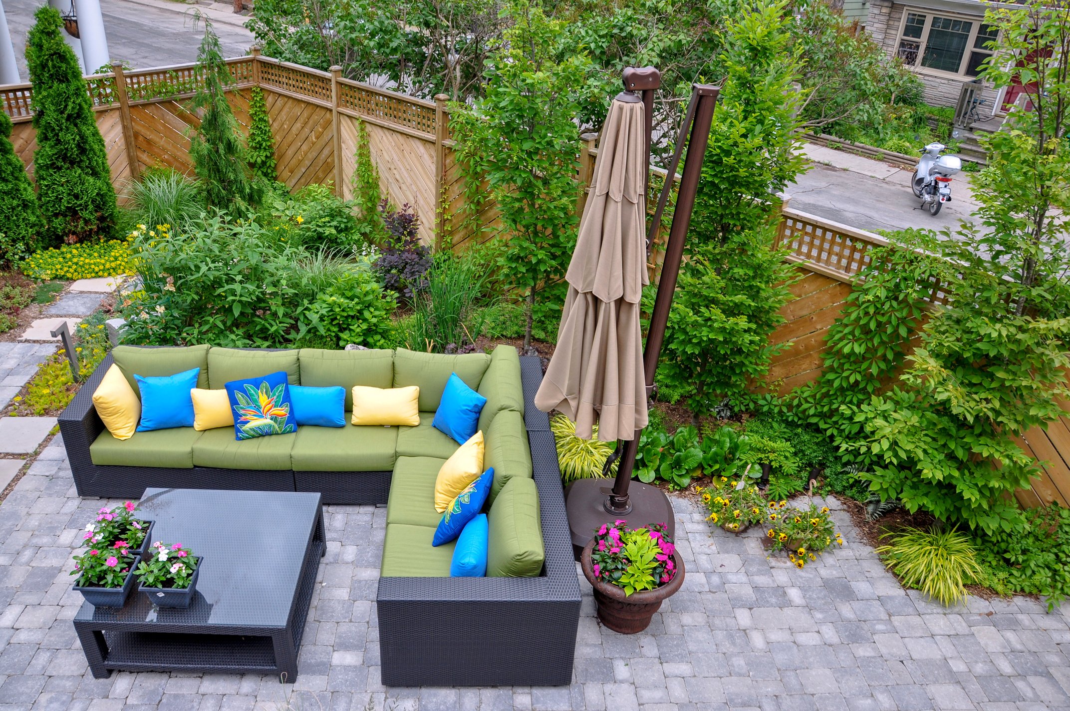 Small downtown Toronto urban back yard garden in summer.